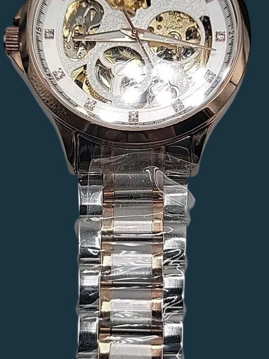 Luminous Mens Skeleton Automatic Watch 42mm T22k Gold Plated Diamond Markers main image 9